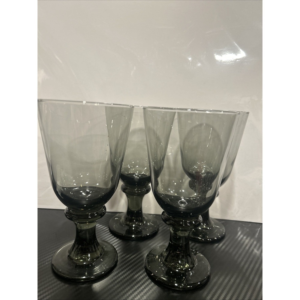 Vtg Libbey NOVA BLACK Smokey 7" Water Tea Stemmed Drink Glass Goblet - Set‎ 4